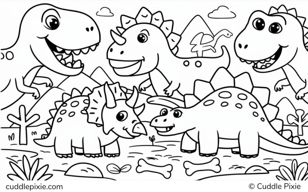 Cute and Cartoon Dinosaurs colouring pages 