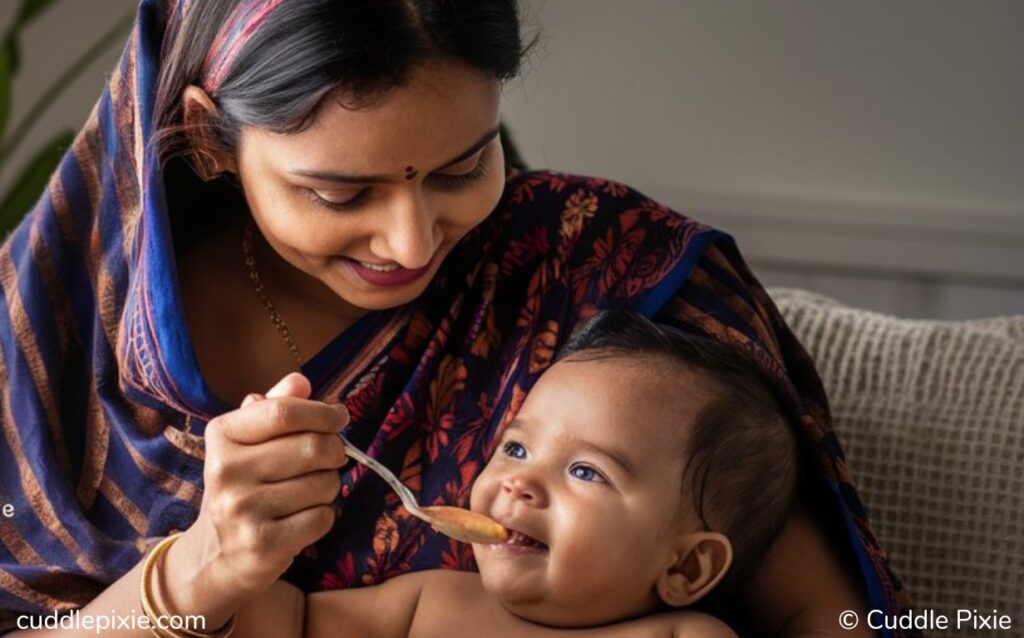 Indian mother feeding ragi