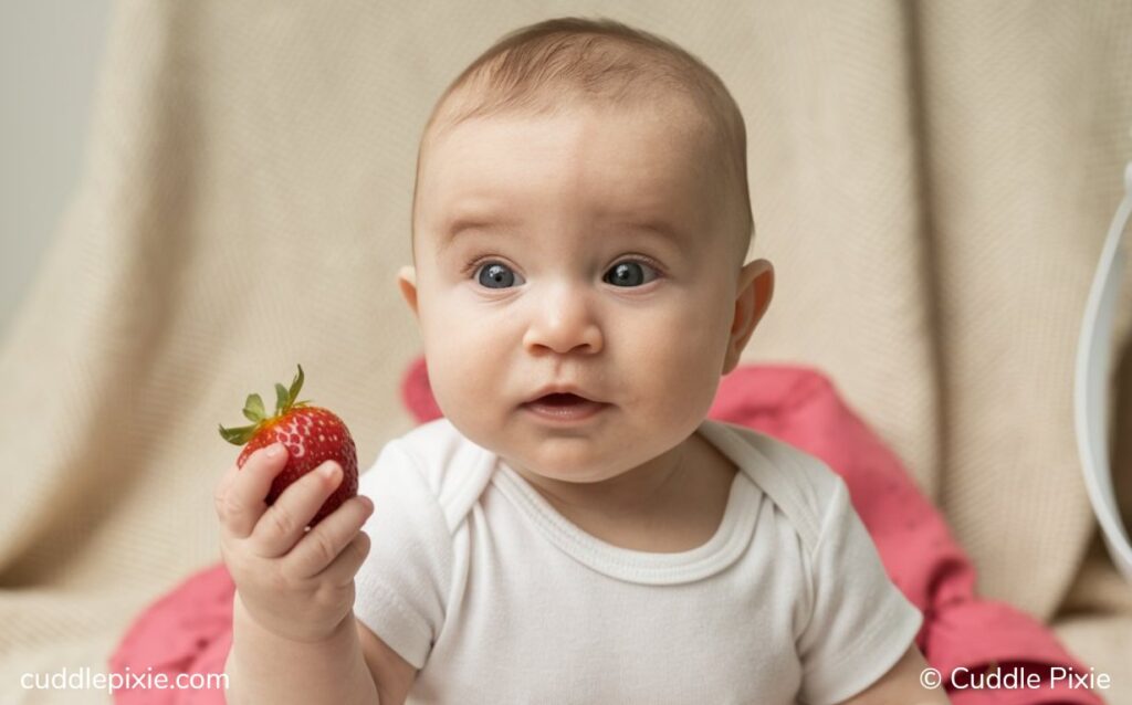 Baby holding strawberry