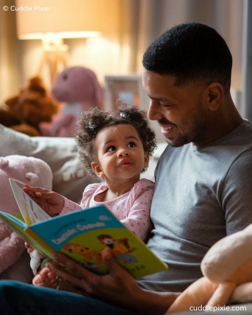 Dad and child reading a book together